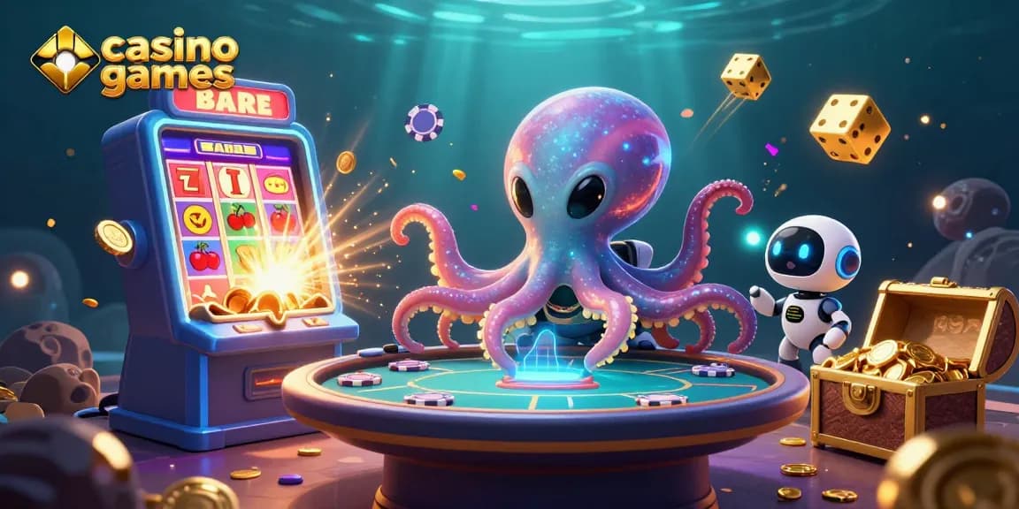 Engage with casino games in a vibrant 3D scene featuring an octopus and robot at a poker table.