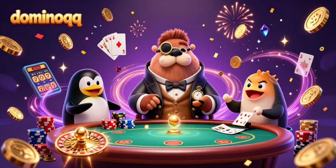 Experience an exciting game of dominoqq with vibrant characters bluffing at a poker table.