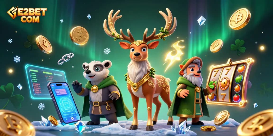 Experience thrilling gaming adventures on E2BET COM with a vibrant 3D casino scene featuring unique characters and crypto elements.