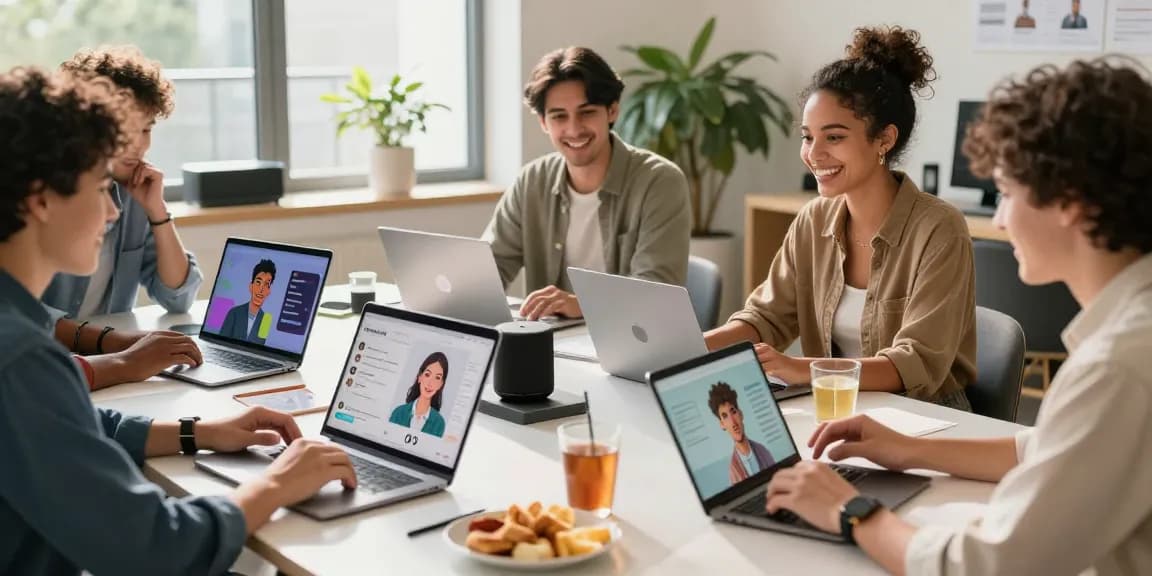 Diverse users engaging with CrushOn AI characters in a vibrant workspace