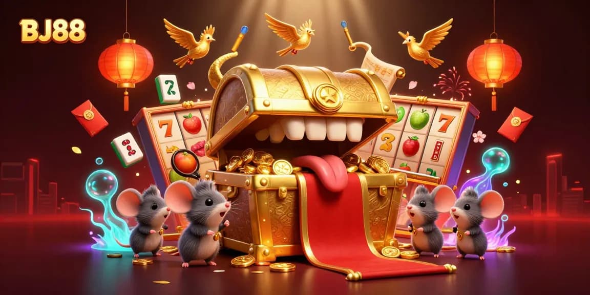 BJ88 casino scene showcasing an adventurous atmosphere with treasure, slots, and vibrant visuals.