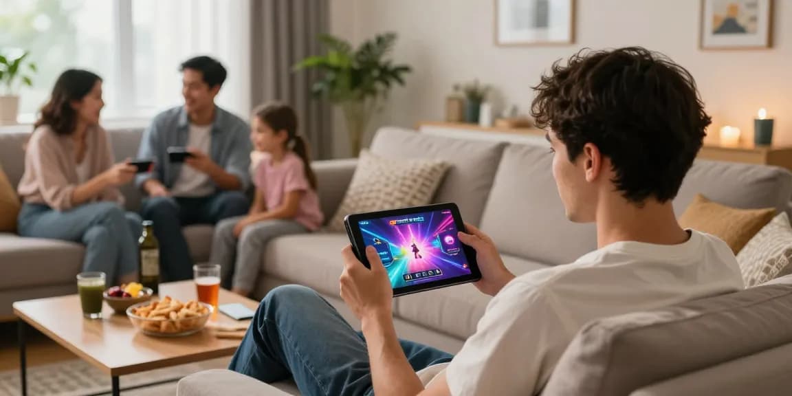 Player enjoying jz777games on a tablet in a cozy living room
