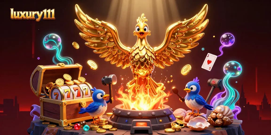 Experience luxury111 with a vibrant illustration of a molten phoenix, slot reels, and underwater treasures.