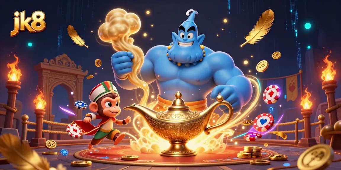 Engage with jk8's magical 3D illustration featuring genie, monkey, and vibrant casino elements.