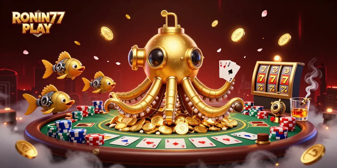 Engage in thrilling gameplay with RONIN77 PLAY as the golden kraken submarine surfaces in a sea of coins.