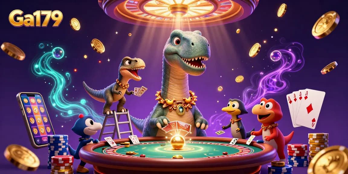 Engage with Ga179 as a dinosaur oversees a dramatic casino scene of winning cards and gaming excitement.