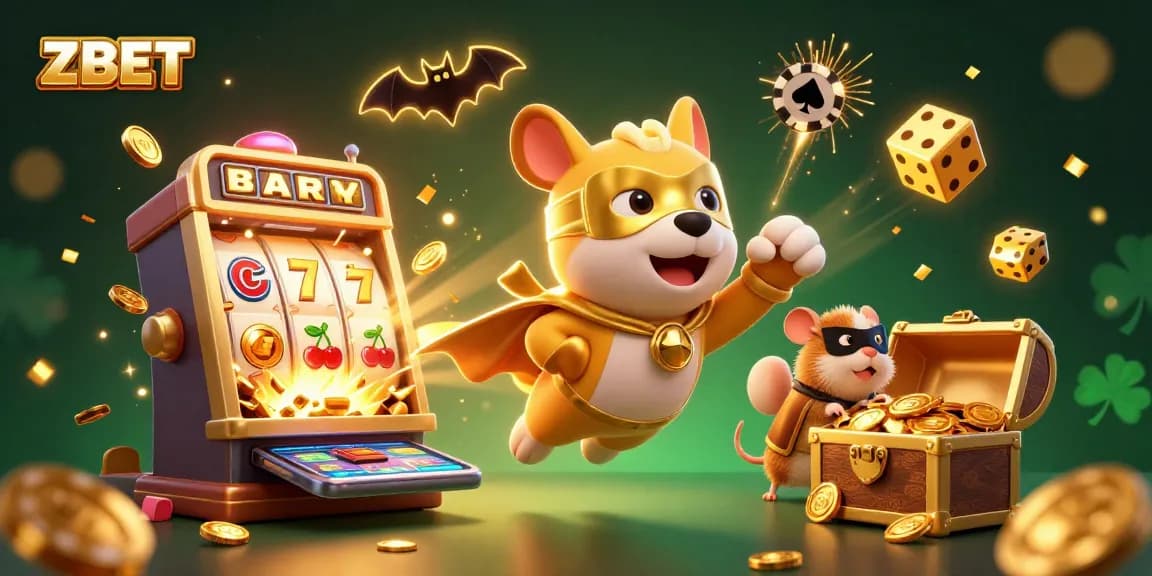 ZBET celebrates casino excitement with a superhero dog flying with gold coins in a vibrant 3D illustration.