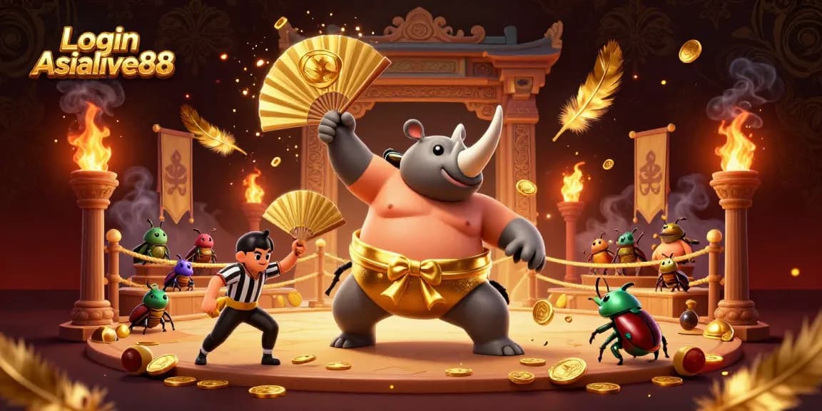 Engage with Login Asialive88 featuring a beetle sumo champion amidst golden coins and vibrant gambling elements.