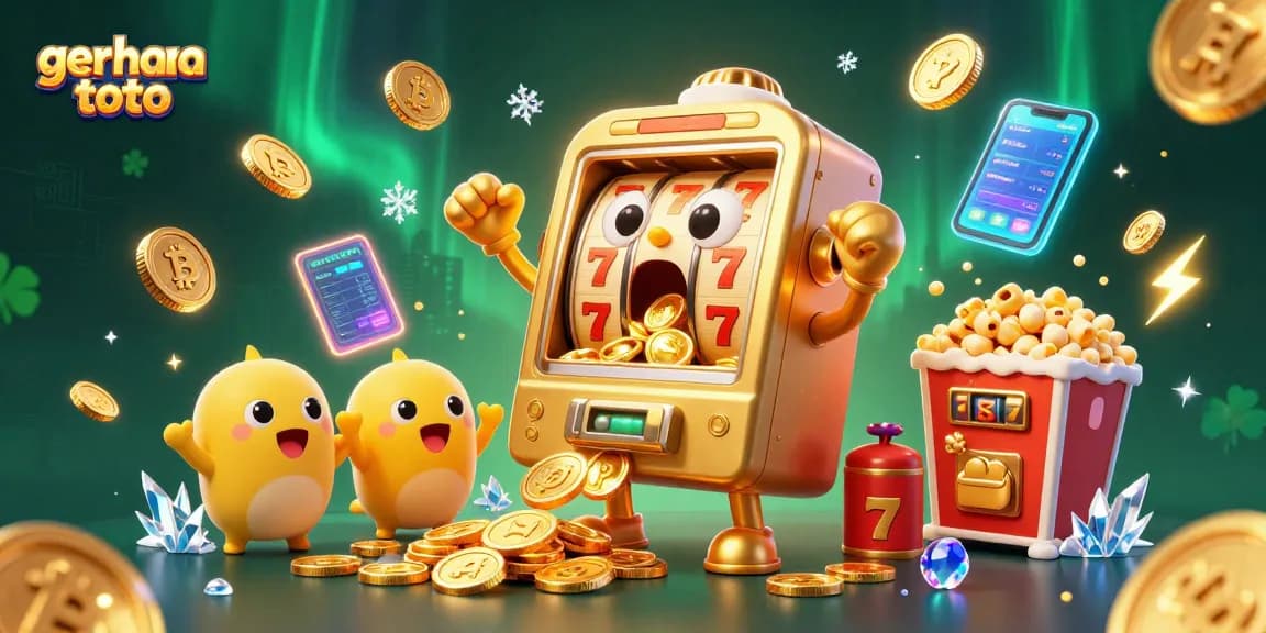 Bermain gerhana toto dengan mesin slot emas yang terkejut saat mendapatkan jackpot, dikelilingi koin dan elemen kasino.