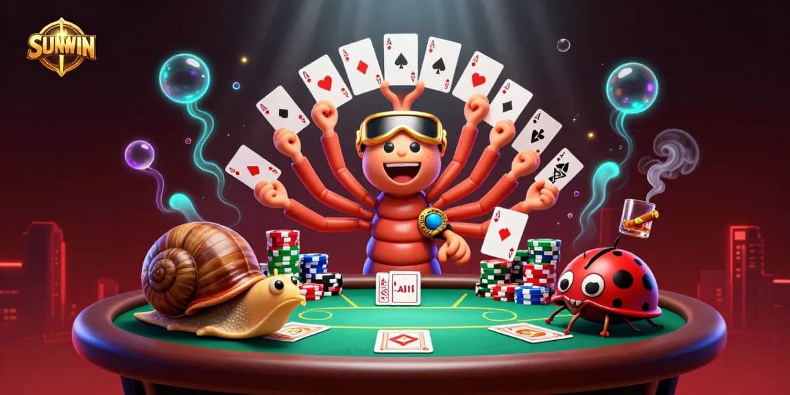 Engage with SUNWIN's dynamic card gameplay featuring a cartoon millipede dealer at a colorful poker table.