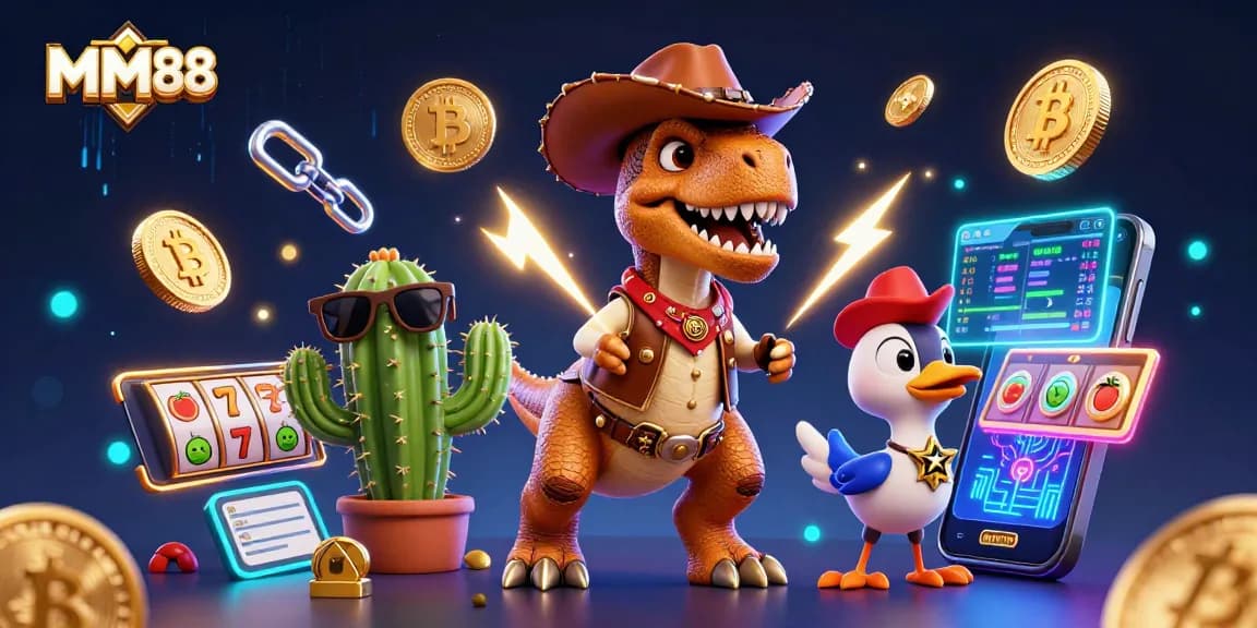 Place winning bets with MM88 as a vibrant 3D casino illustration showcases exciting game elements