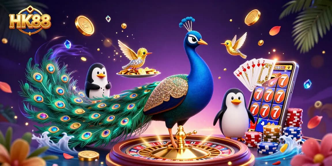 Experience the thrill at HK88 with dynamic casino action and vibrant characters amidst a lively backdrop.
