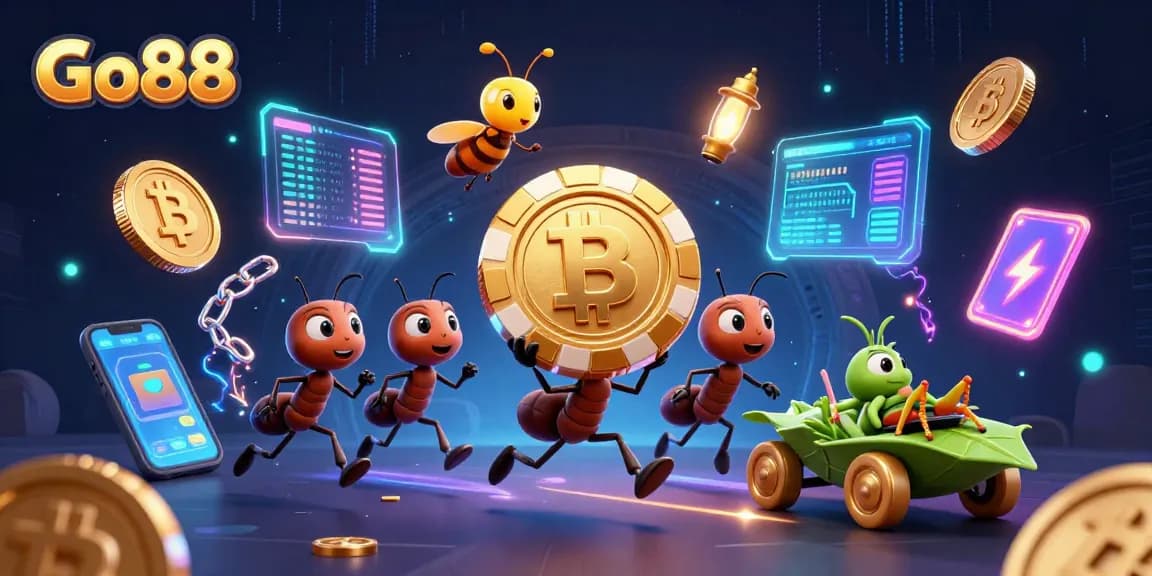 Experience exciting gameplay at Go88 with a thrilling casino heist scene featuring cartoon ants, golden poker chips, and vibrant blockchain elements.