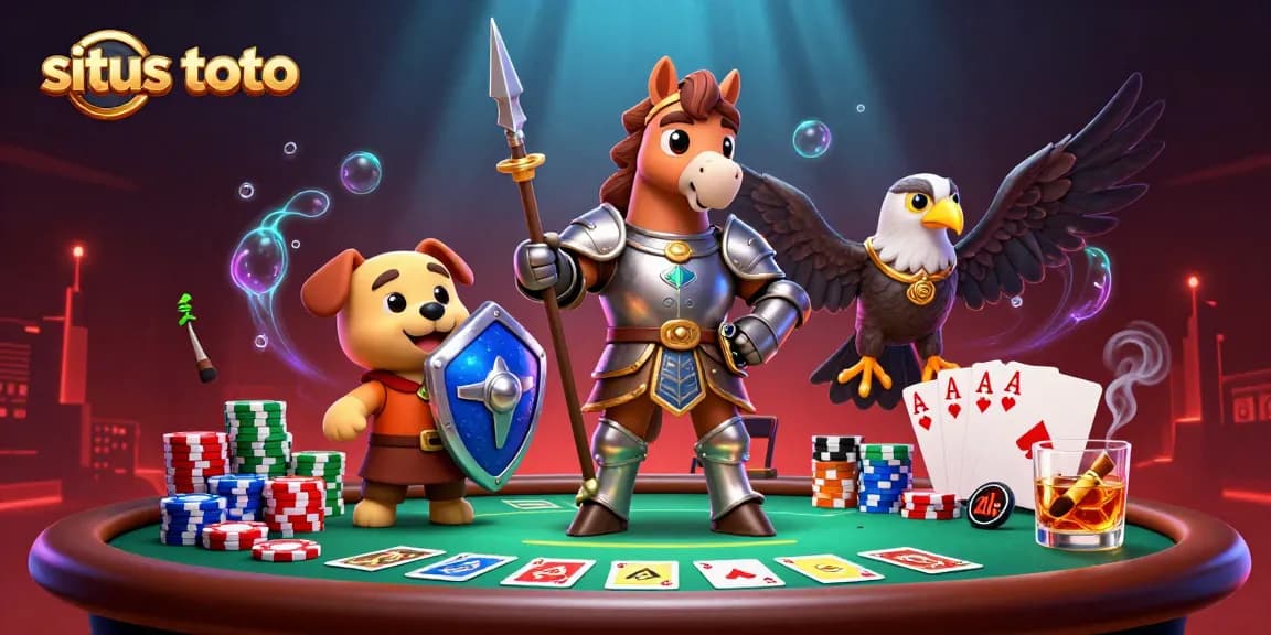 Engage in thrilling situs toto gameplay with a detailed scene of a medieval knight, puppy, and falcon in a vibrant casino setting.