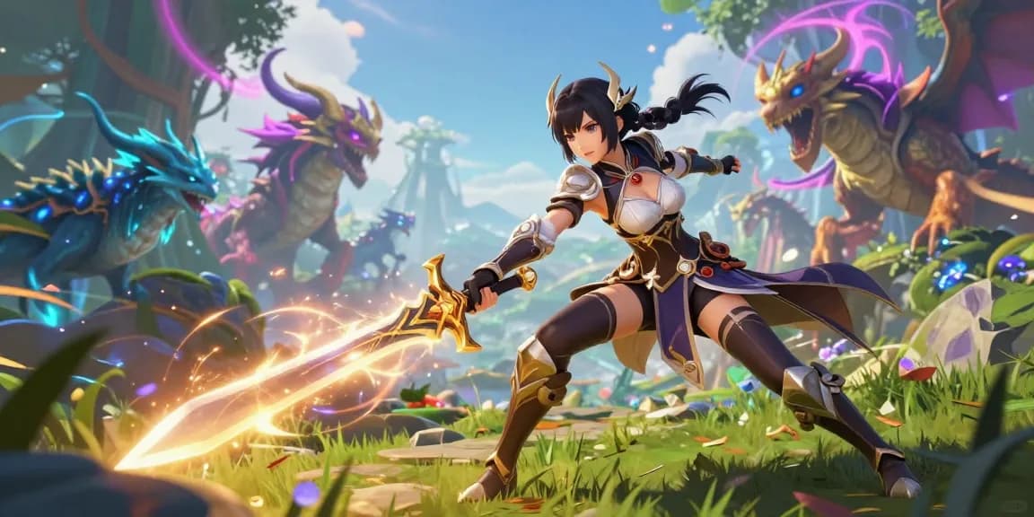 Female protagonist in epic battle scene from a female hentai game, showcasing magic and adventure.