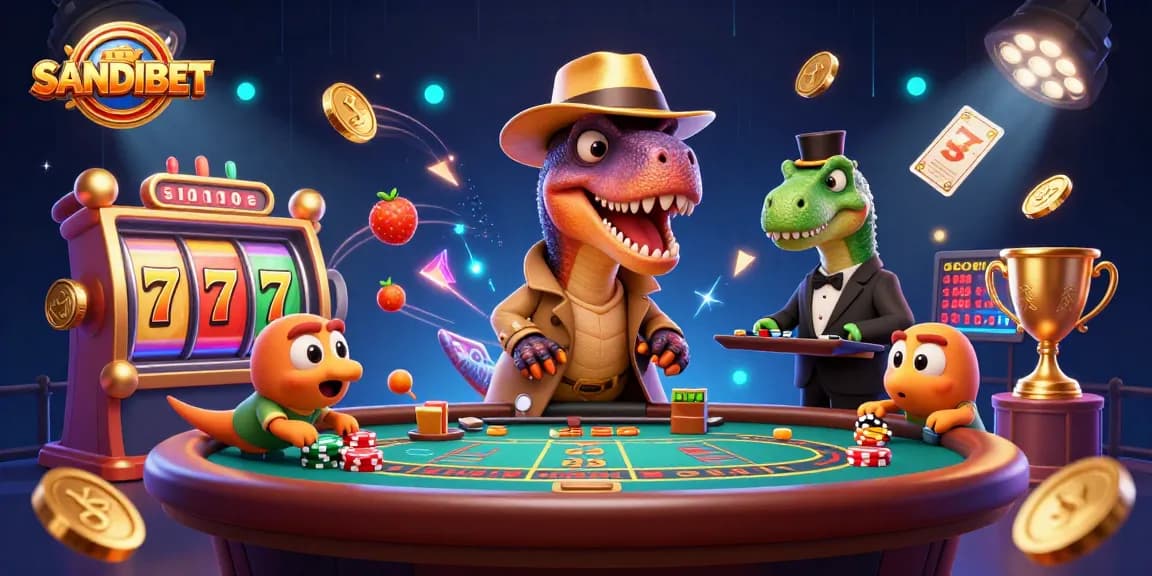 SANDIBET showcases a cartoon velociraptor card counter at a lively blackjack table amid slot game elements.