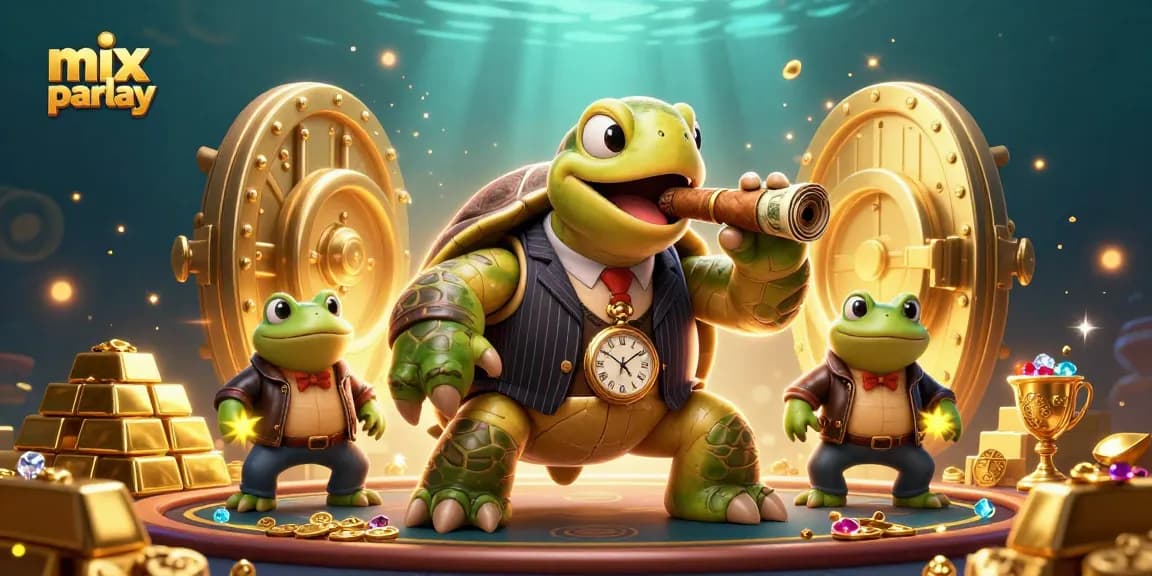 Engage in mix parlay betting with a vibrant casino scene featuring cartoon characters and treasures.