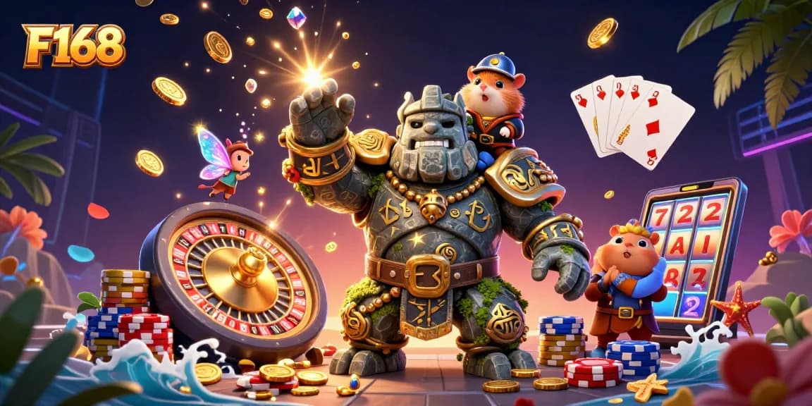 Engage with thrilling F168 gameplay featuring vibrant characters, gold coins, and casino elements.