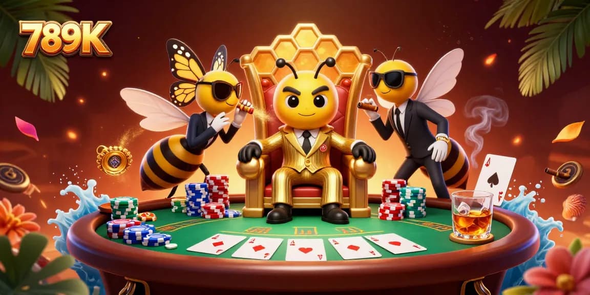 Experience the vibrant 789K casino's dynamic gaming scene with poker tables and lively characters.