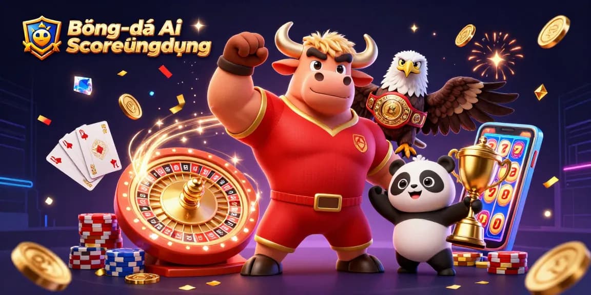 BóngđáAiScoreứngdụng showcases a victorious bull mascot alongside an eagle and cheers from a panda, encapsulating sports excitement.