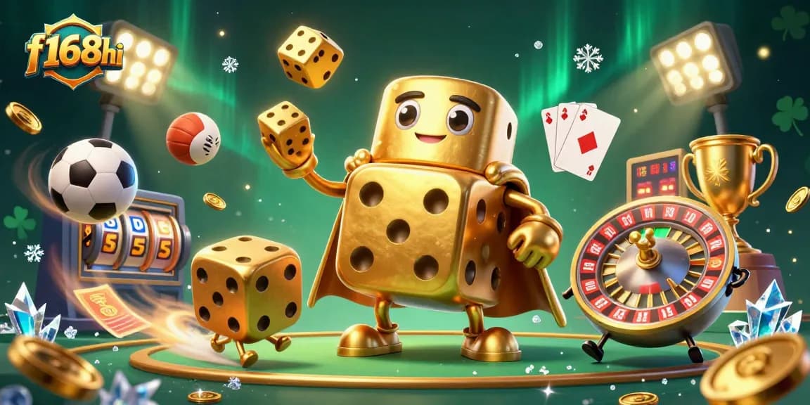 Engage with excitement at f168hi as you experience a vibrant casino scene featuring golden dice and dynamic sports elements.