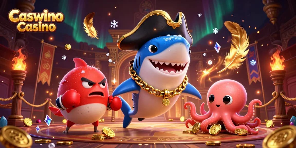 Engage in thrilling gameplay at Caswino Casino with a vibrant, dynamic scene featuring a fun pirate shark and colorful aquatic friends.