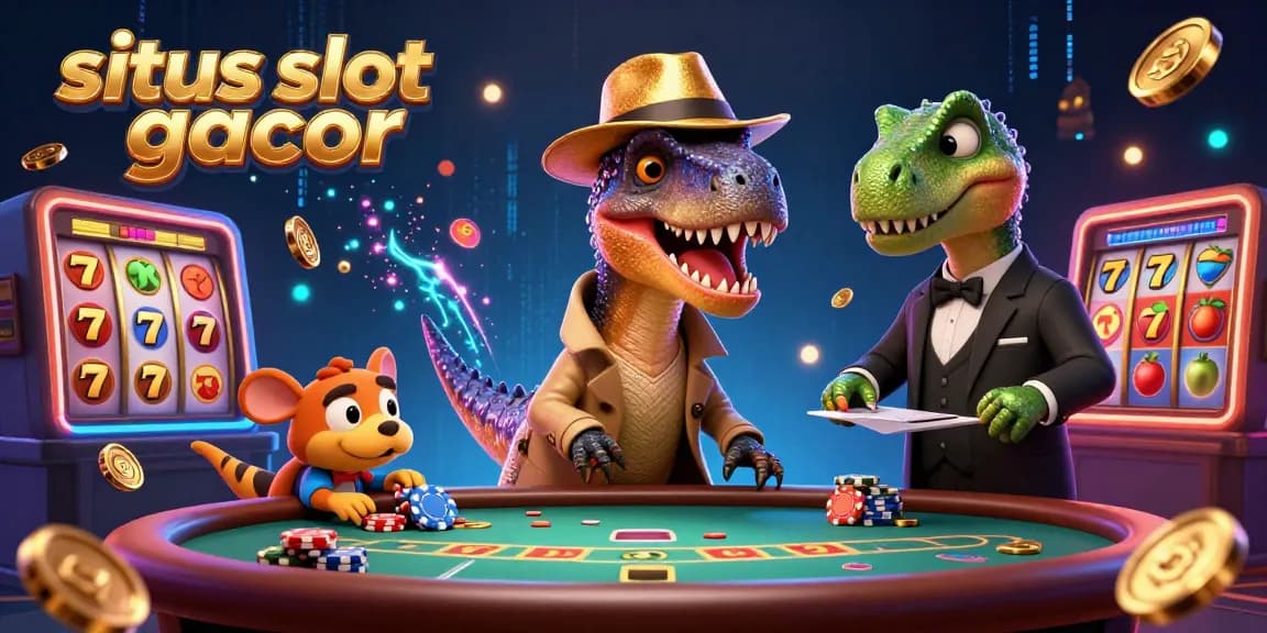 Experience situs slot gacor with a thrilling 3D casino scene featuring cartoon dinosaurs and dynamic slot elements.