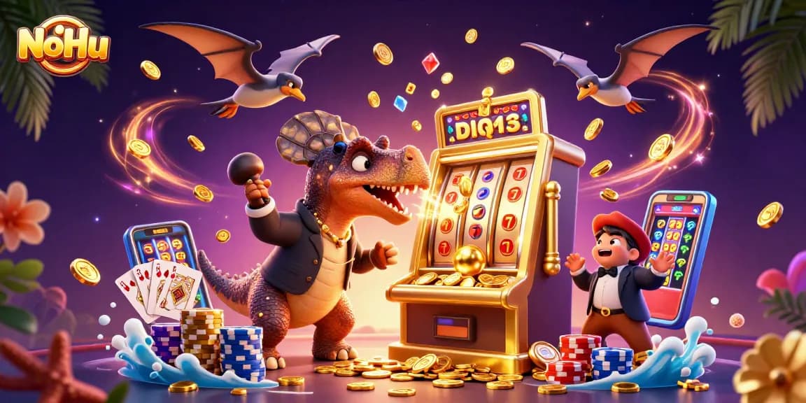 NoHu players striking jackpots with vibrant slot machines and scattering coins in this immersive casino illustration.