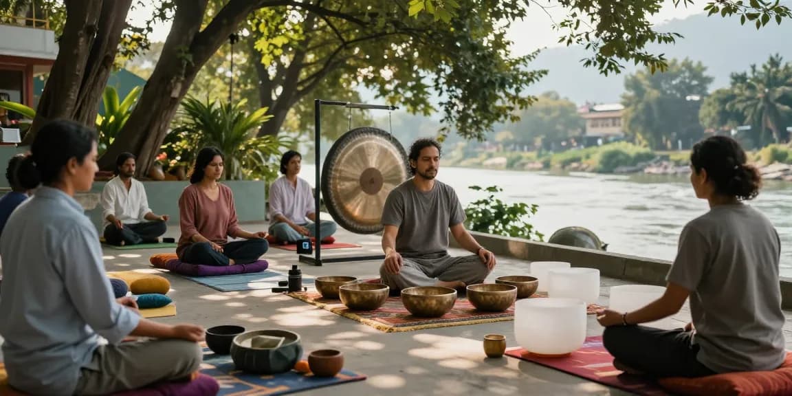 Sound healing course in Rishikesh India with participants meditating during a workshop.