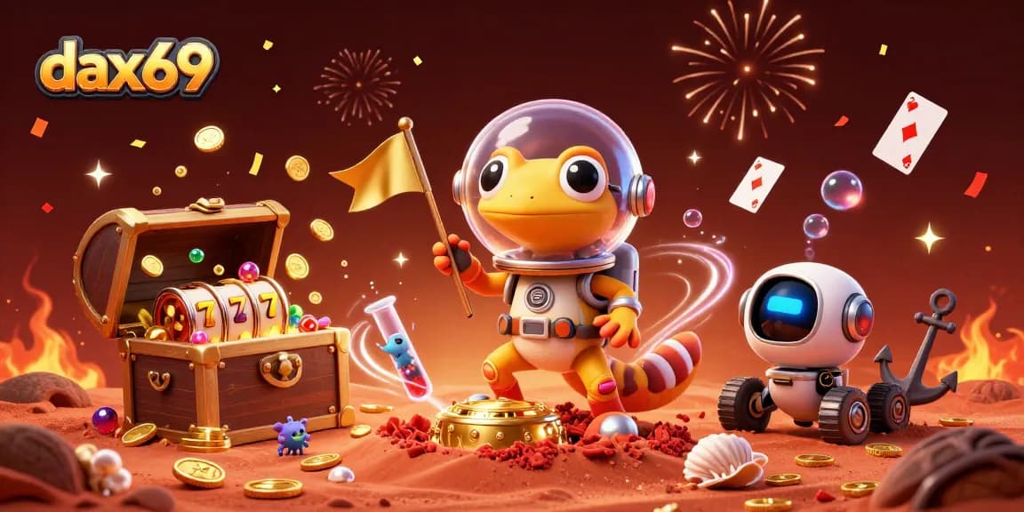 Dax69 temukan kasino emas dengan simbol slot dan karakter luar angkasa di ilustrasi 3D