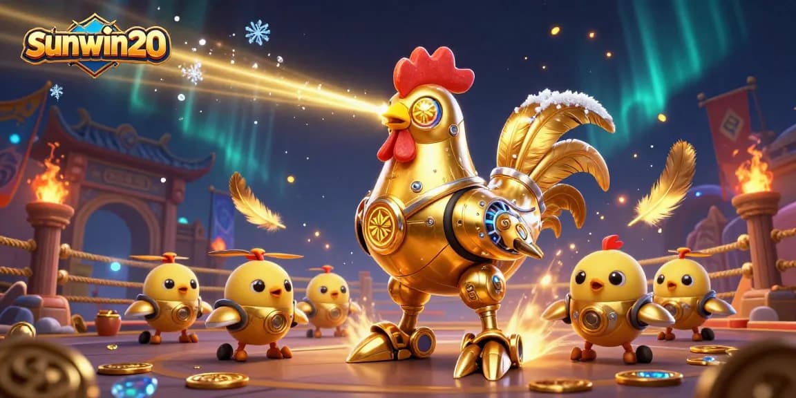 Experience thrilling action at sunwin20 with a robotic golden rooster laser engraving casino themes in a dynamic scene.