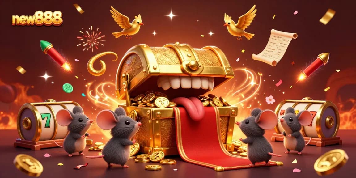 Engage with new888 at a vibrant 3D casino scene filled with dynamic slot elements and a golden treasure chest mimicking excitement.