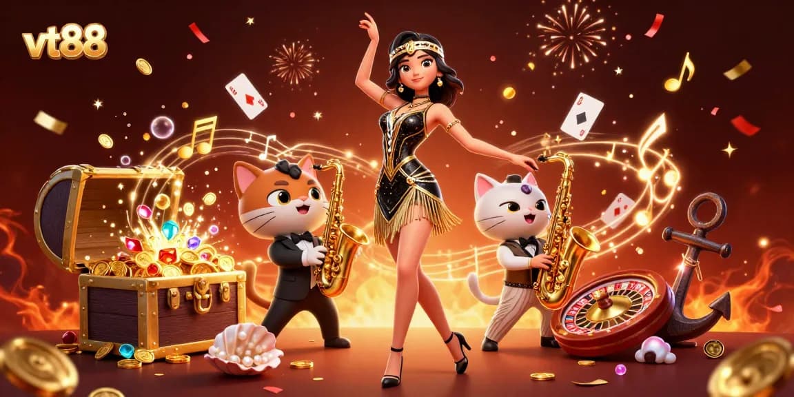 Win exciting games at vt88 with lively characters, casino elements, and vibrant festive background.