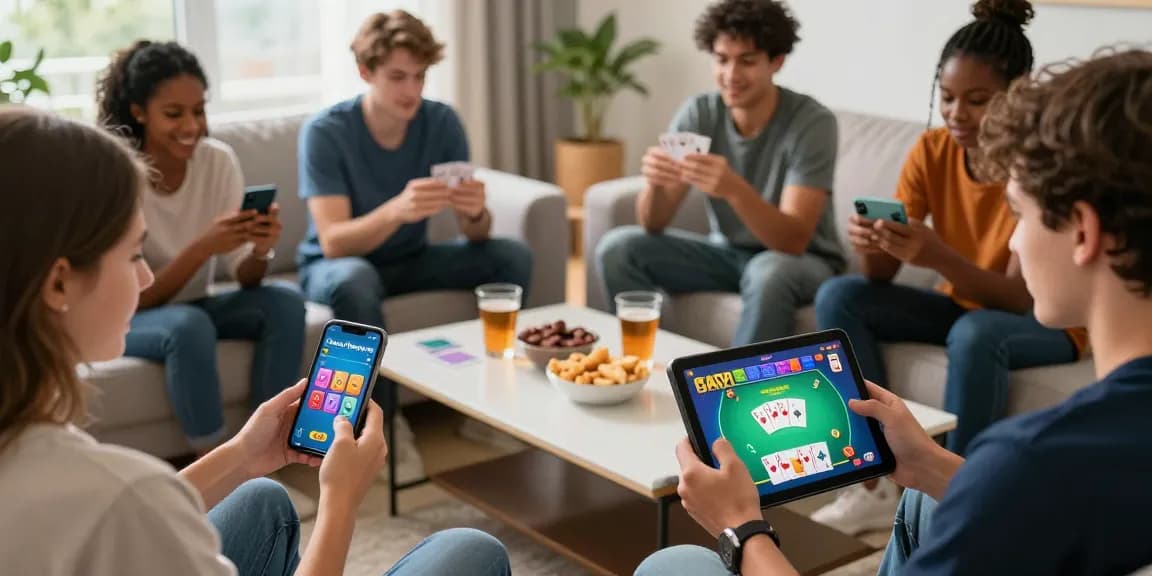 Download free APK for Card Rummy, showcasing players enjoying thrilling card games on multiple devices in a bright living room.