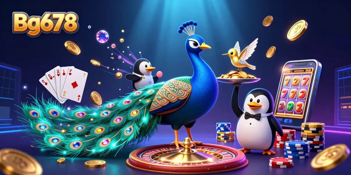 Experience thrilling play with Bg678, showcased by a dazzling peacock, butler penguin, and golden hummingbird in a vibrant casino scene.