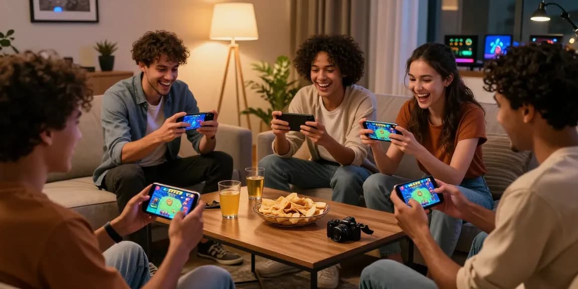 Friends enjoying the jz777games on smartphones in a cozy living room, capturing joyful moments and gaming excitement.