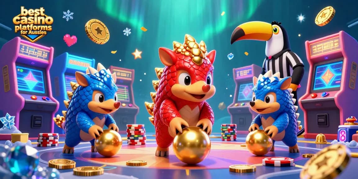 Raging pangolins competing in bowling style with golden poker chips for the best casino platforms for Aussies.