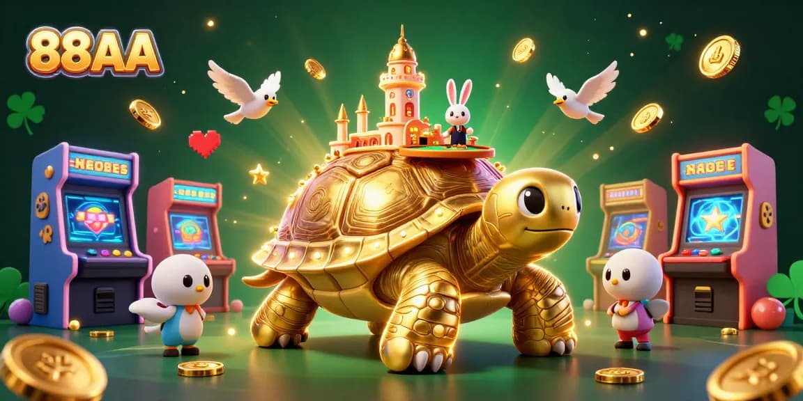 Engage in gaming fun with 88 AA, featuring a vibrant casino scene with a tortoise and dealer.
