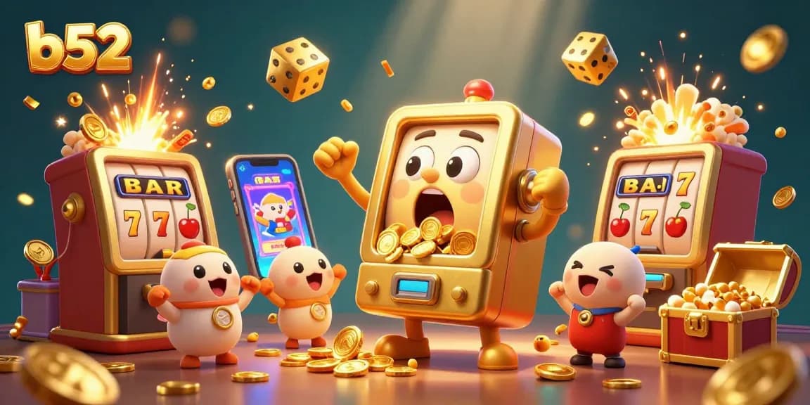 b52 elevates gameplay excitement with golden slot machines hitting jackpots, cheering fans, and casino elements.