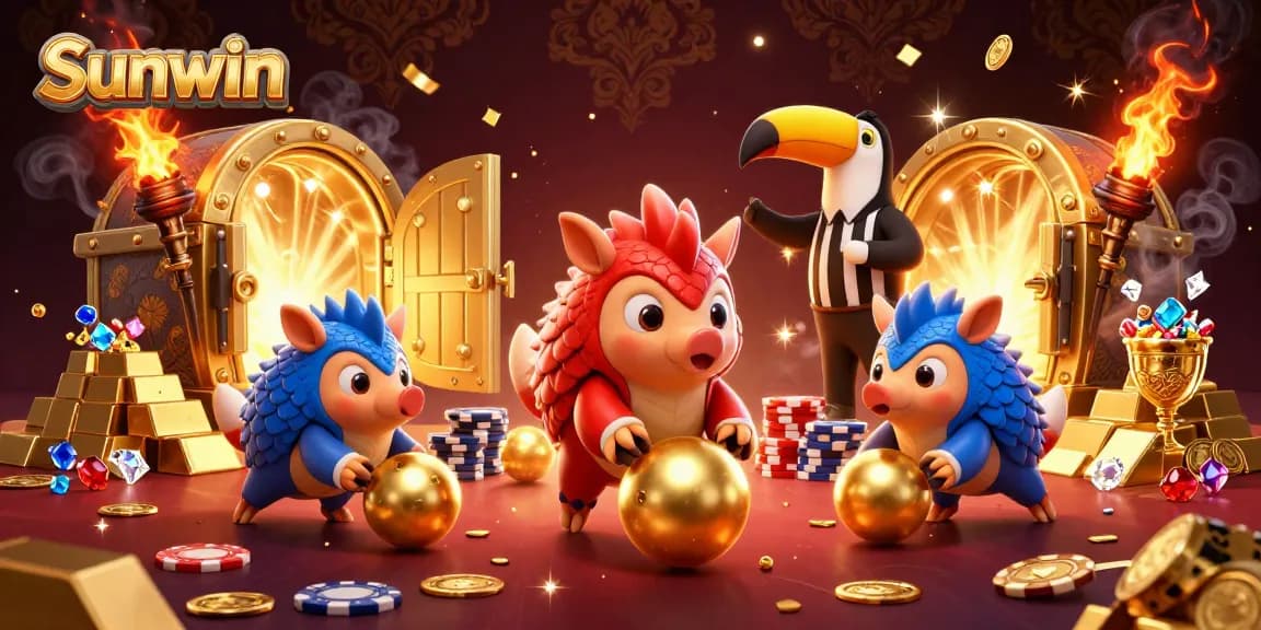 Sunwin casino experience with vibrant pangolins and golden elements portraying a lively gaming atmosphere.