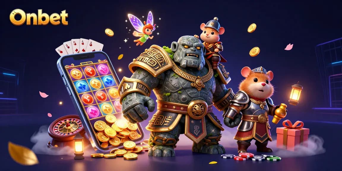 Experience the thrill of Onbet with a golem guardian and fairy magic in a vibrant casino scene.