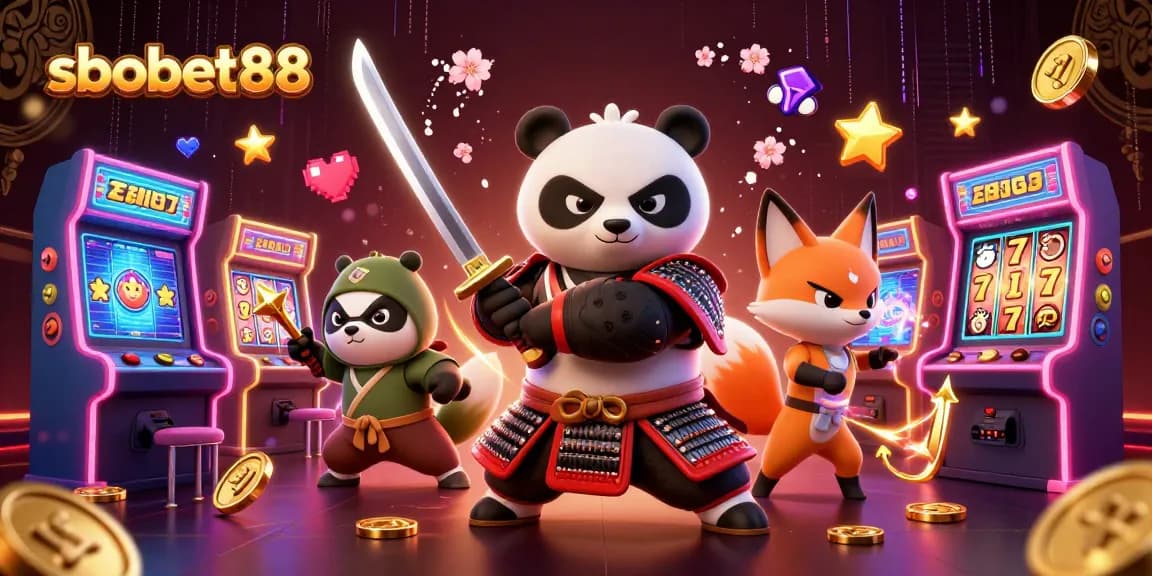 Sbobet88 illustrates a vibrant casino scene with samurai panda and ninja fox, showcasing engaging slot game elements.