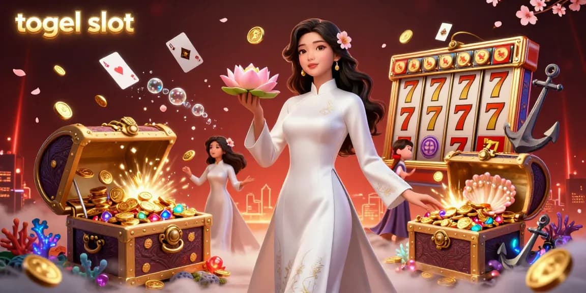Experience the excitement of togel slot with a serene Asian woman holding a golden coin amidst dynamic gaming elements.