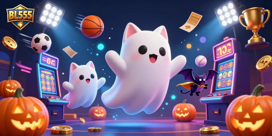 Experience thrilling games at BL555 with a dynamic casino scene featuring a ghost cat and sports elements.