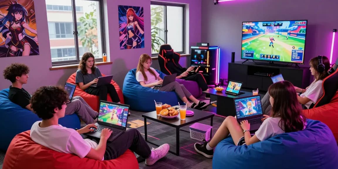 Friends enjoying hentai games in a vibrant gaming lounge.