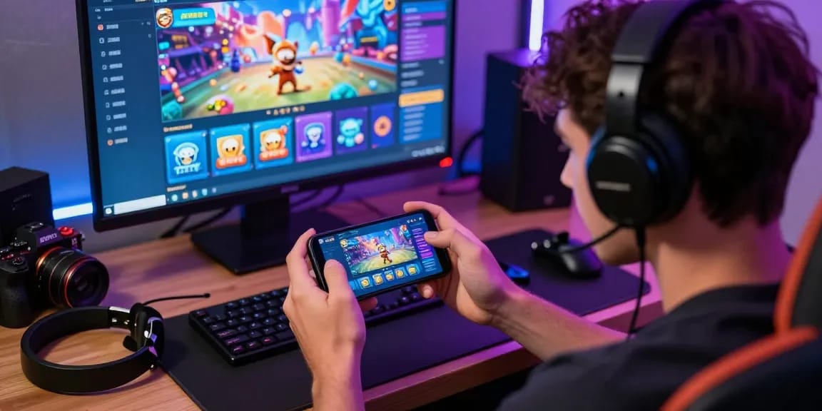 Engaged user playing jz777games on smartphone with vibrant gaming accessories in cozy setting.