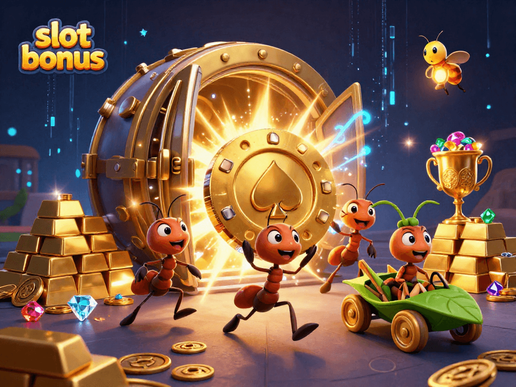 Watch the ants strategize a heist for the slot bonus amidst gold and jewels in this vibrant 3D scene.