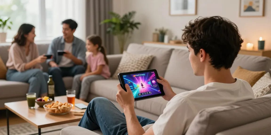 Player enjoying jz777games on a tablet in a cozy living room
