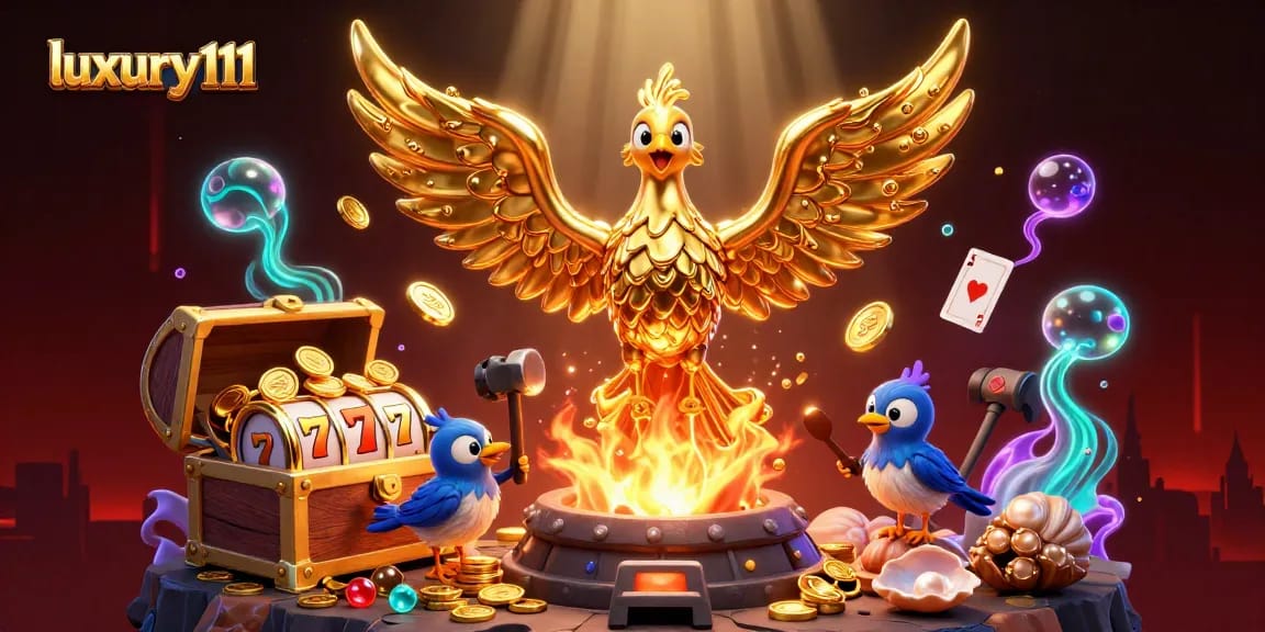 Experience luxury111 with a vibrant illustration of a molten phoenix, slot reels, and underwater treasures.