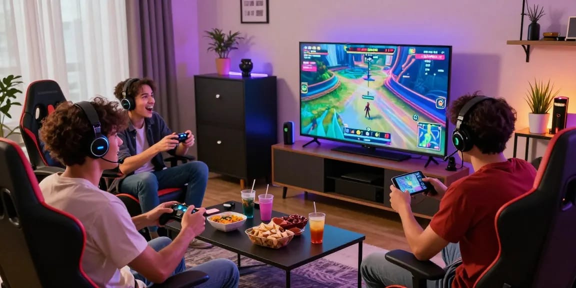 A group of friends enjoying a lively game of tambakbet in a cozy living room filled with gaming gear and snacks.